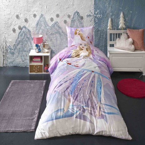 Lenjerie de pat Disney Frozen cu Anna și Elsa, lila, alb, albastru, set de 3 piese, două fețe.