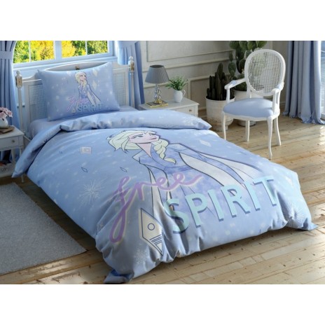 Lenjerie de pat Disney Frozen 2 Free Spirit, față-verso, cu Elsa și Anna, mesaje Free Spirit și Stay Curious, design albastru, 3 piese, bumbac