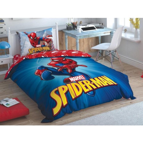 Lenjerie de pat Disney Marvel Spiderman Time to Move, cu Spiderman în acțiune, design albastru, roșu și galben, 3 piese, bumbac