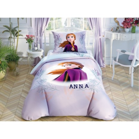 Lenjerie de pat Disney Frozen Anna și Elsa, față-verso, design mov și albastru, 3 piese, bumbac