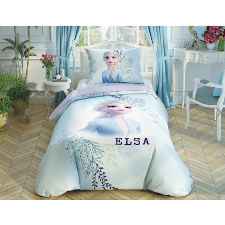 Lenjerie de pat Disney Frozen Anna și Elsa, față-verso, design mov și albastru, 3 piese, bumbac