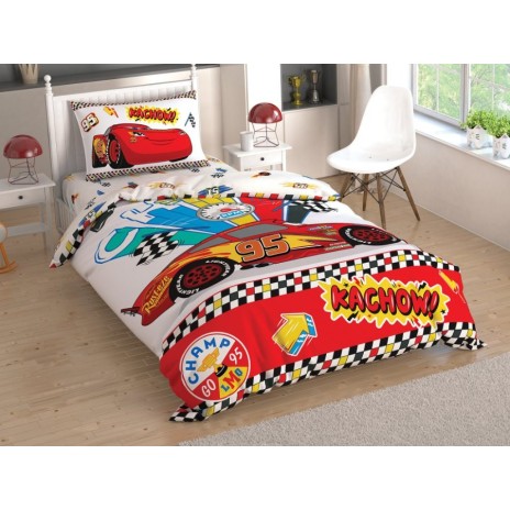 Lenjerie de pat Disney pentru 1 persoană cu Fulger McQueen din filmul Cars, în culori roșu, alb, negru și galben, set de 3 piese.