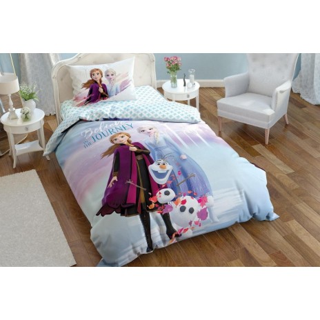 Lenjerie de pat Disney Frozen Believe in the Journey, cu Anna, Elsa și Olaf, design albastru și mov, fundal de iarnă, mesaj Believe in the Journey, 3 piese, bumbac