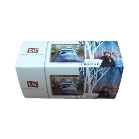 Lenjerie de pat Disney Frozen II Crystal, cu Elsa și Anna, mesaj Together We're Strong, design mov, albastru și alb, 3 piese, bumbac