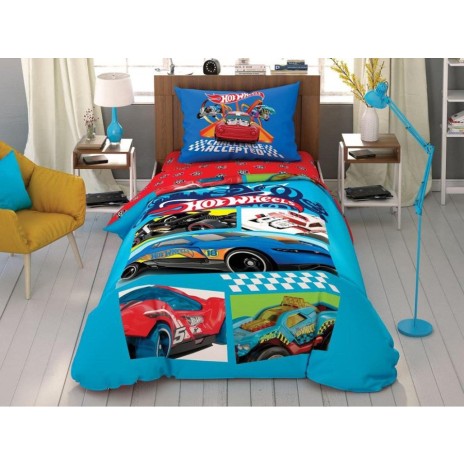 Lenjerie de pat Disney Hot Wheels Challenge, cu mașini Hot Wheels, design albastru și roșu, 3 piese, bumbac