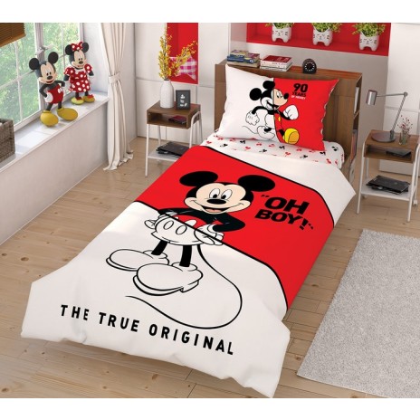 Lenjerie de pat Disney Mickey Mouse Calendar, cu Mickey Mouse, text Oh Boy! și The True Original, nuanțe de roșu, alb și negru, 3 piese, bumbac