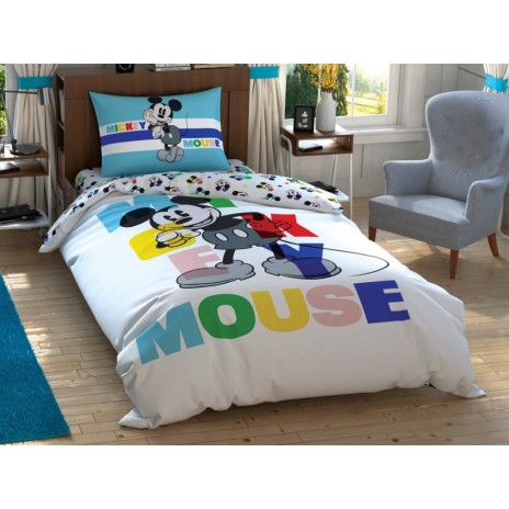 Lenjerie de pat Disney Mickey Mouse Colour Face, alb și colorat, cu Mickey Mouse și text Mickey Mouse în culori pastelate, 3 piese, bumbac