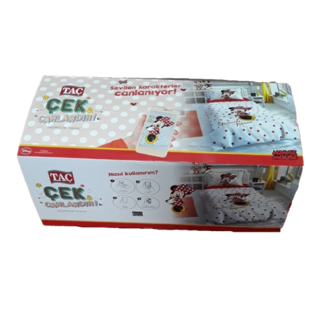 Lenjerie de pat Disney Minnie Mouse Calendar, cu buline roșii și Minnie Mouse în rochie roșie cu buline albe și fundiță, text Minnie Mouse, 3 piese, bumbac