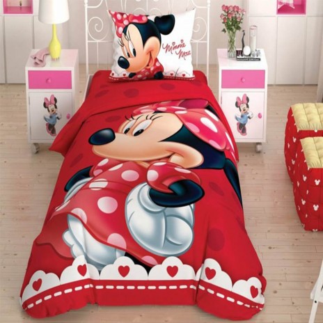 Lenjerie de pat Disney Minnie Lovely Glitter, cu Minnie Mouse, design roșu cu buline albe, text Minnie Mouse, 3 piese, bumbac