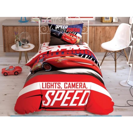 Lenjerie de pat Disney Cars Spectator, cu Lightning McQueen, mesajele Lights, Camera, Speed și Speed Central, design roșu, alb și negru, 3 piese, bumbac