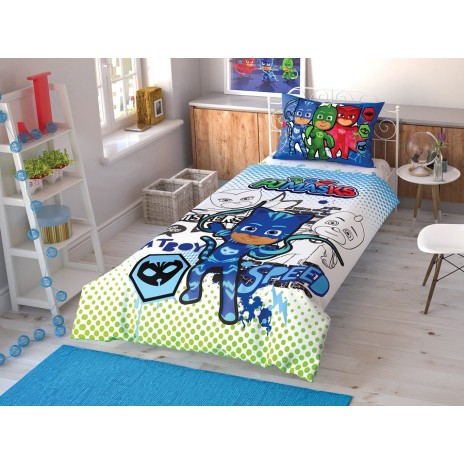Lenjerie de pat Disney PJ Masks, cu Catboy, Owlette și Gekko, text Catboy Speed, design albastru, verde și roșu, 3 piese, bumbac