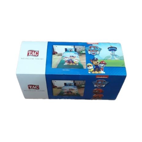 Lenjerie de pat Disney Paw Patrol, cu Chase, Marshall și Rubble, design colorat albastru, verde și roșu, text Lets Roll!, 3 piese, bumbac