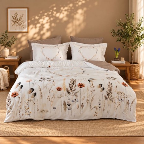 Lenjerie de pat 3D First Choice Bloomy bumbac satinat 220 TC cu flori de camp si inimi florale pe fond crem