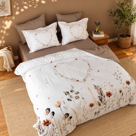 Lenjerie de pat 3D First Choice Bloomy bumbac satinat 220 TC cu flori de camp si inimi florale pe fond crem