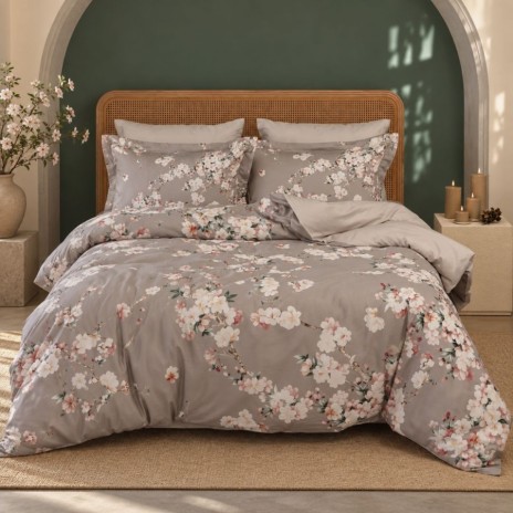 Lenjerie de pat 3D First Choice Elina bumbac satinat 220 TC cu flori de mar roz si albe pe fond taupe