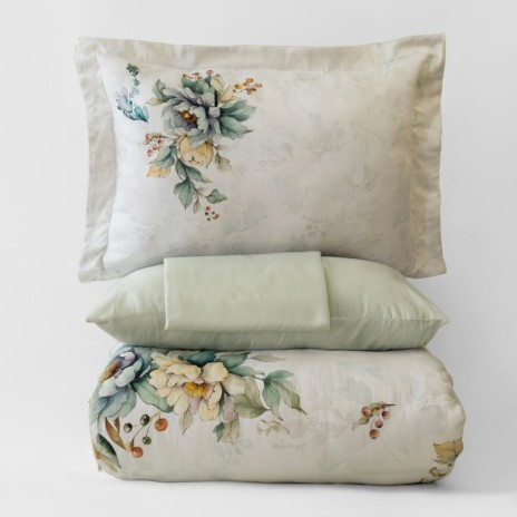 Lenjerie de pat 3D First Choice Leora bumbac satinat 220 TC cu buchete de flori pastelate pe fond crem