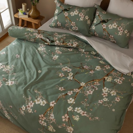 Lenjerie de pat 3D First Choice Morris bumbac satinat 220 TC cu flori de mar roz si albe pe fond verde salvie