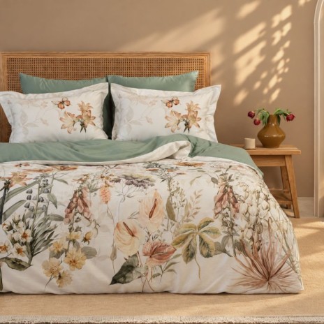 Lenjerie de pat 3D First Choice Nirva bumbac satinat 220 TC cu flori tropicale pe fond crem si cearsaf verde salvie