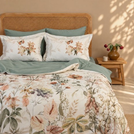 Lenjerie de pat 3D First Choice Nirva bumbac satinat 220 TC cu flori tropicale pe fond crem si cearsaf verde salvie