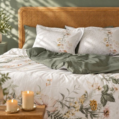 Lenjerie de pat 3D First Choice Panola bumbac satinat 220 TC cu flori pastelate pe fond crem si verso verde salvie