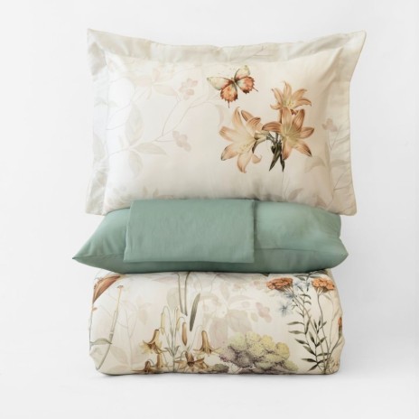 Lenjerie de pat 3D First Choice Panola bumbac satinat 220 TC cu flori pastelate pe fond crem si verso verde salvie