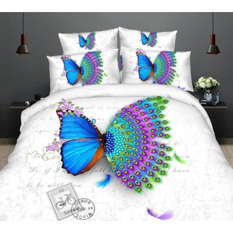Lenjerie de pat dublu cu imprimeu 3D de fluture albastru cu aripi de păun pe fundal alb. Lenjerii de pat 1+1 gratis.