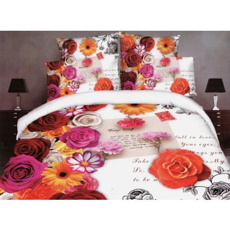 Lenjerie de pat dublu cu imprimeu 3D de flori multicolore și mesaje romantice pe fundal alb. Lenjerii de pat 1+1 gratis.