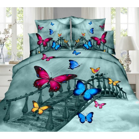 Lenjerie de pat dublu cu imprimeu 3D de fluturi colorați zburând deasupra unui pod misterios pe fundal gri-verde. Lenjerii de pat 1+1 gratis.