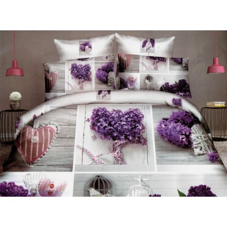 Lenjerie de pat dublu cu imprimeu 3D de liliac mov și inimi decorative pe fundal alb. Lenjerii de pat 1+1 gratis.
