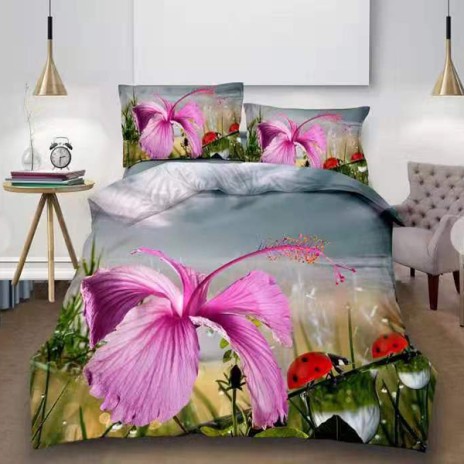 Lenjerii de pat 1+1 gratis cu imprimeu 3D floare roz și buburuze, set de 4 piese