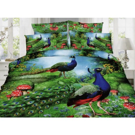 Lenjerie de pat dublu cu imprimeu 3D de păuni într-un peisaj natural luxuriant, înconjurat de vegetație verde și ciuperci. Lenjerii de pat 1+1 gratis.