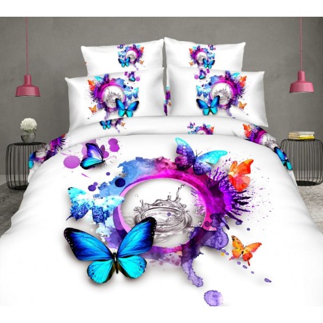 Lenjerie de pat dublu cu imprimeu 3D de fluturi colorați și splashes de culoare pe fundal alb. Lenjerii de pat 1+1 gratis.