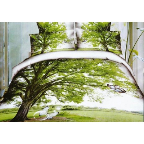 Lenjerie de pat dublu cu imprimeu 3D de peisaj natural, cu copac mare și fluturi pe fundal verde proaspăt. Lenjerii de pat 1+1 gratis.