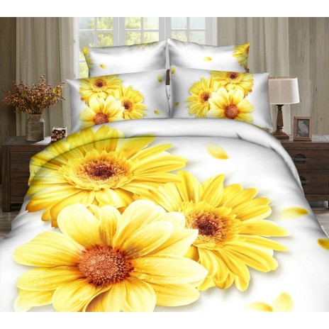 Lenjerie de pat dublu cu imprimeu 3D de flori galbene pe fundal alb. Lenjerii de pat 1+1 gratis.