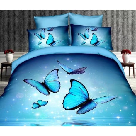 Lenjerie de pat 3D cu fluturi albaştri pe fundal albastru, set de 4 piese, lenjerii de pat 1+1 gratis