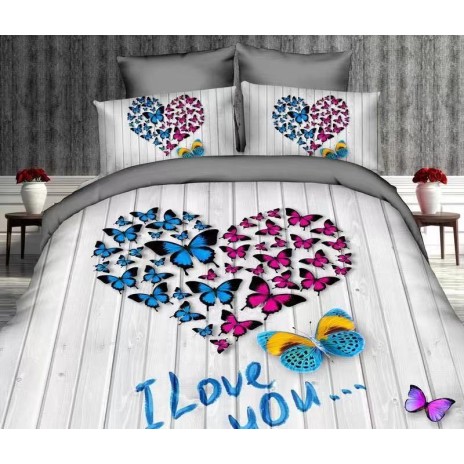 Lenjerie de pat 3D cu inimă din fluturi colorați și text I Love You, set 4 piese, lenjerii de pat 1+1 gratis