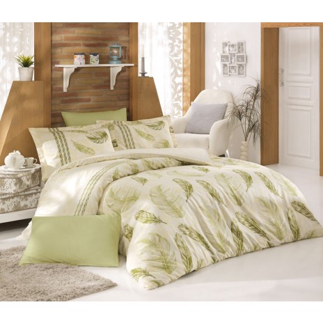 Lenjerie de pat de lux din bumbac satinat, model Nazenin Home Elena Grey, 4 piese, cu pene delicate verde pal pe fundal alb.
