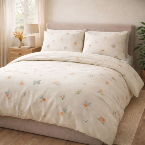 Lenjerie pat bumbac 100% 4 piese Lara crem cu flori si fluturi Deluxe Pucioasa 200x220 cm