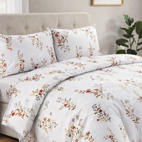 Lenjerie de pat bumbac 100% Donna Bleu cu flori si frunze bej Deluxe Pucioasa