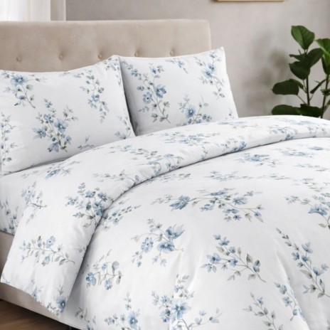 Lenjerie de pat bumbac 100% Donna Bleu cu flori si frunze bleu Deluxe Pucioasa