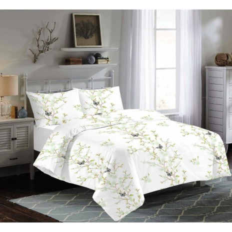 Lenjerie pat dublu bumbac 100% 4 piese Vallerossa Lorena White, design floral delicat în verde și alb.