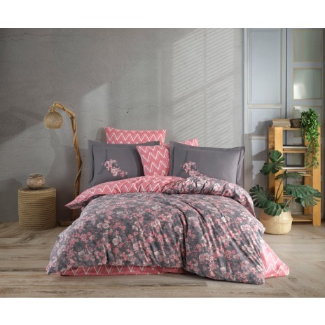 Lenjerie de pat poplin cu flori roz și gri, din bumbac 100%, set de 4 piese