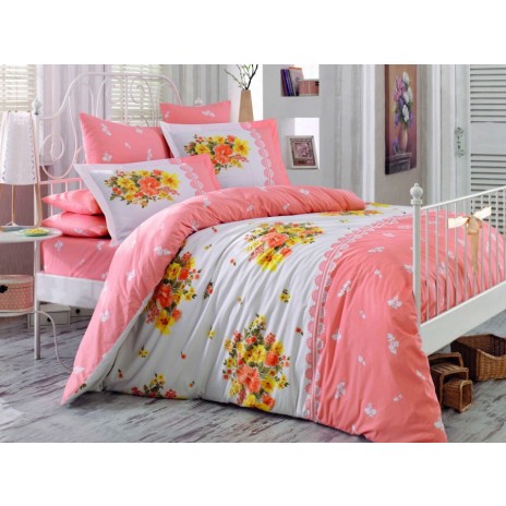 Lenjerie de pat Alvis Salmon, design floral somon și alb, set 4 piese