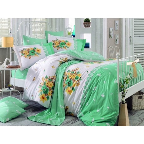 Lenjerie de pat Poplin Percale Alvis Water Green, bumbac 100%, cu flori verzi și galbene, cearșaf pilotă, cearșaf pat, fețe de pernă