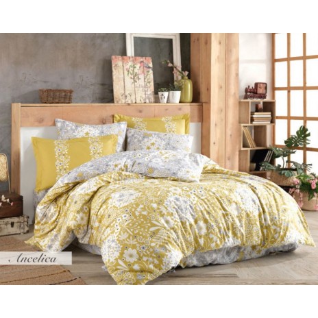 Lenjerie de pat Poplin Percale Ancelica Mustard, bumbac 100%, cu flori galbene și gri, cearșaf pilotă, cearșaf pat, fețe de pernă, ambalaj elegant tip cadou
