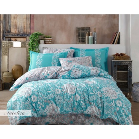 Lenjerie de pat Poplin Percale Ancelica Turquoise, bumbac 100%, cu flori turcoaz și gri, cearșaf pilotă, cearșaf pat, fețe de pernă