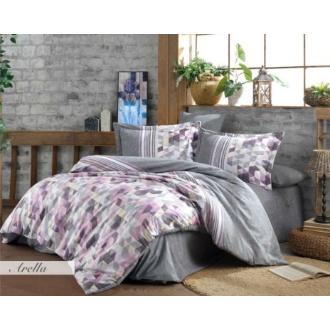 Lenjerie de pat poplin cu model geometric și lila, din bumbac 100%, set de 4 piese