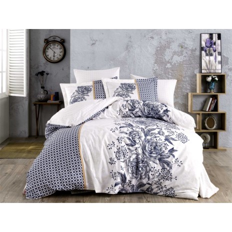 Lenjerie de pat Arianna Blue, design floral albastru și alb, set 4 piese