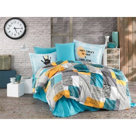 Lenjerie de pat Bermuda Turquoise, design geometric turcoaz, alb și galben, set 4 piese