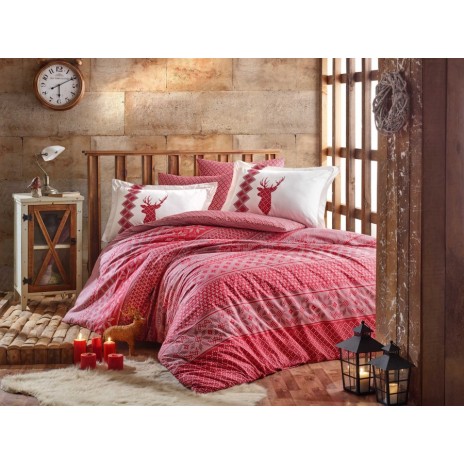 Lenjerie de pat Clarinda Red, design festiv nordic, set 4 piese